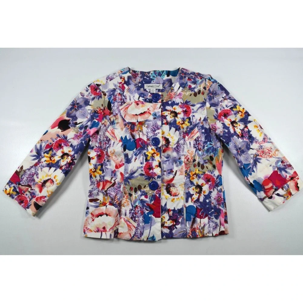 Coldwater Creek Jacket Women's Size 4 Multicolor Floral 3/4 Sleeve Button Front‎